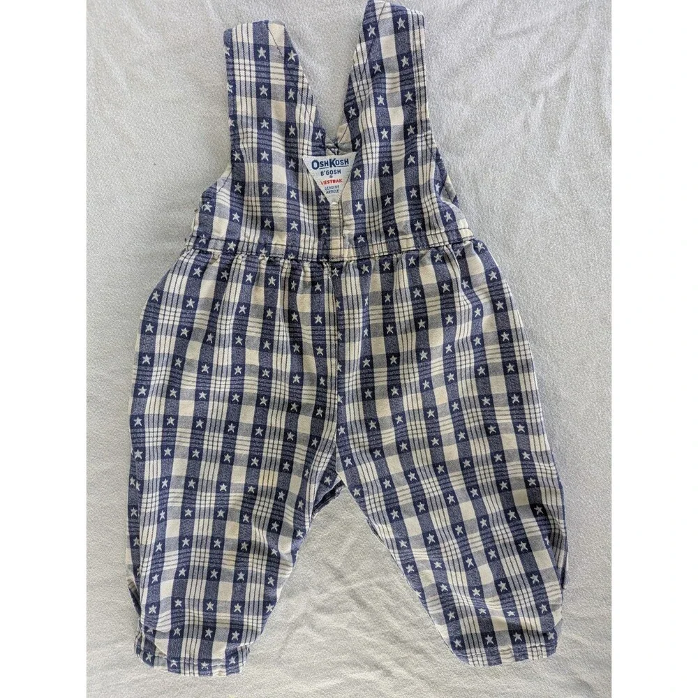 Vtg 3-6 MO Oshkosh B’Gosh Blue Plaid Star Overalls Vestbak USA Patriotic Cotton